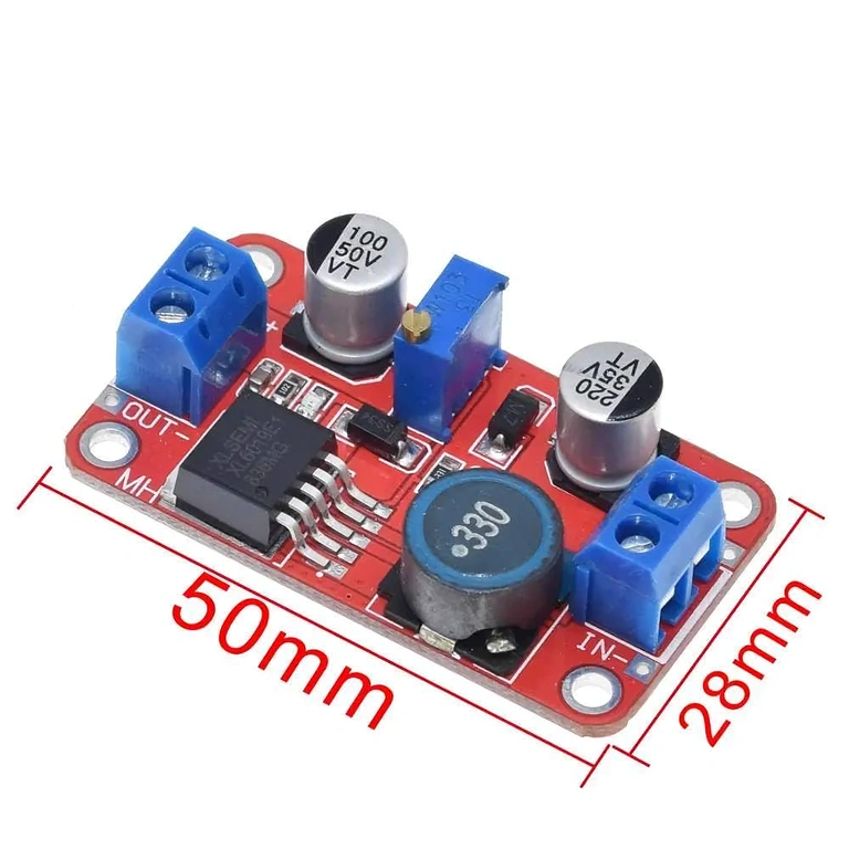 Dimensioner af XL6019 DC-DC Boost Converter: 50mm x 28mm x 13mm, perfekt til integration i forskellige projekter