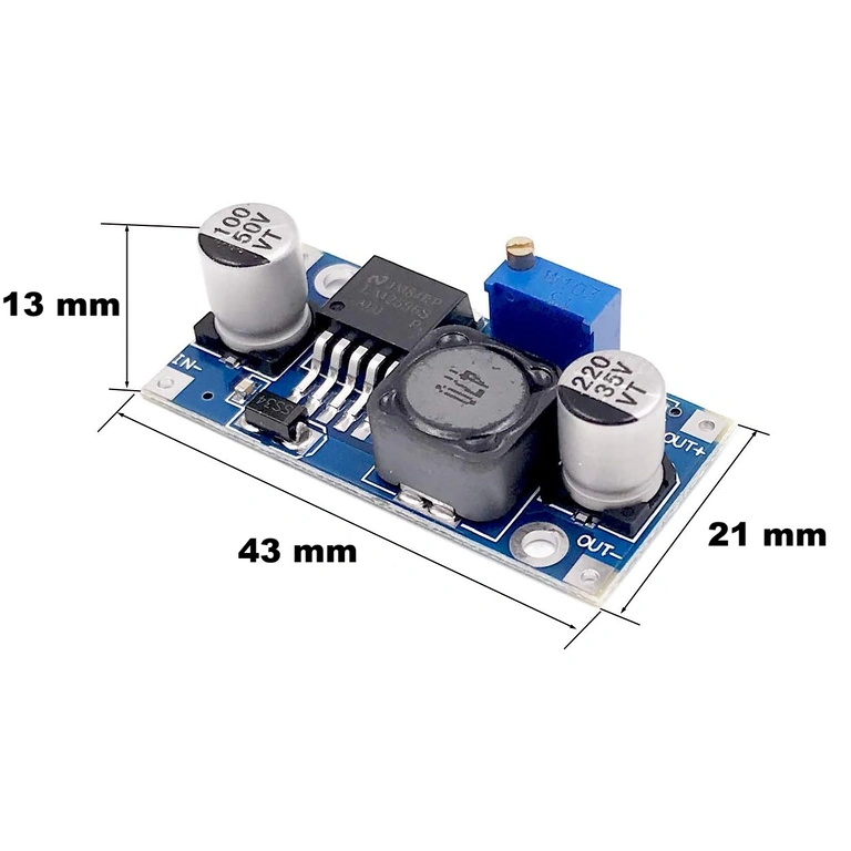 Dimensioner LM2596S 3A modul – 43x21x14mm Dimensioner af LM2596S 3A buck-modul: 43mm længde, 21mm bredde, 14mm højde