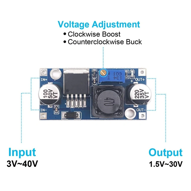 Tilslutningseksempel LM2596S – indgang 4-35V, udgang 1.23-30V Tilslutningsdiagram af LM2596S DC-DC step-down modul med spændingsjustering 1,25–35V
