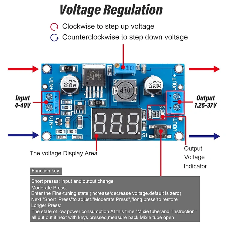 Eksempel på tilslutning af input og output på LM2596 modul