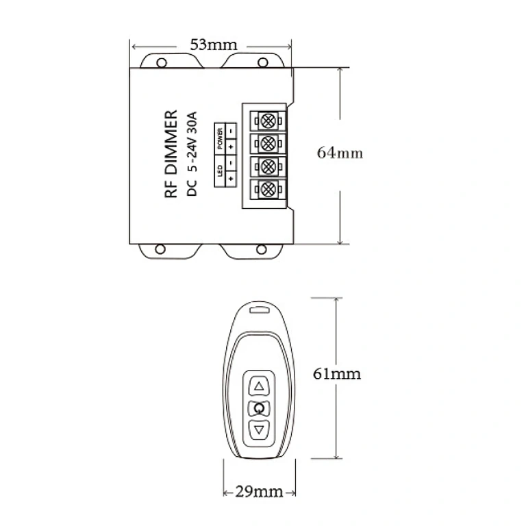 Billede med præcise dimensioner af LED-strip dimmer 5V 12V 24V 30A