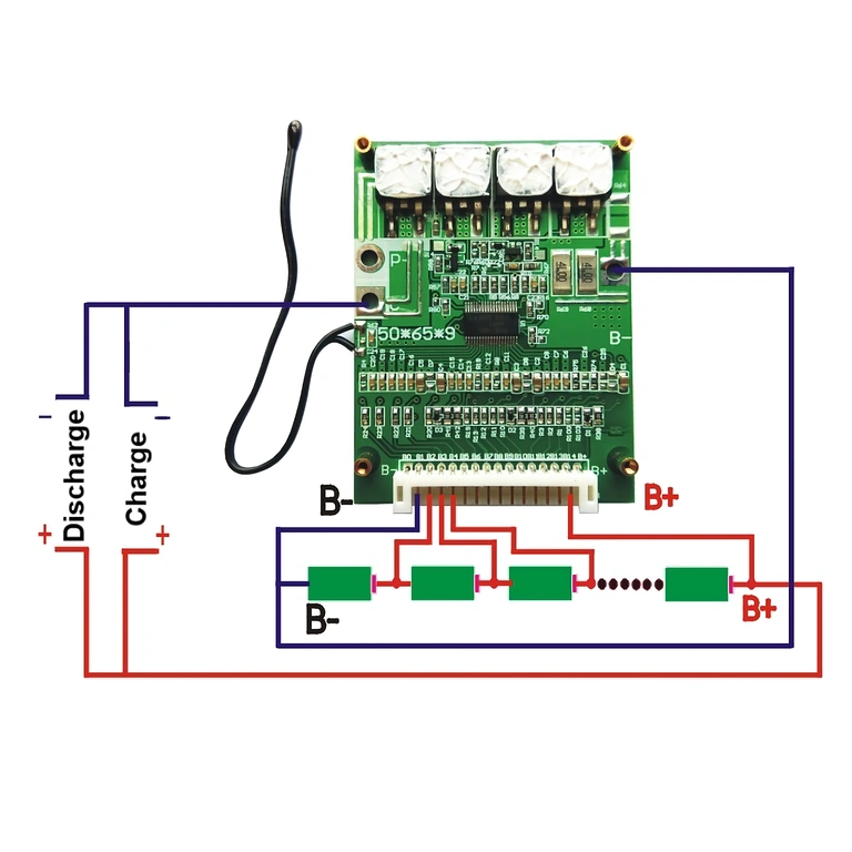 Tilslutningsdiagram BMS 14S 52V Elektrisk diagram for tilslutning af BMS 14S 52V til Li-Ion celler