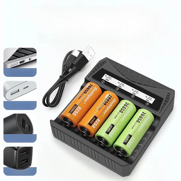 Universel oplader med monterede Li-ion-batterier