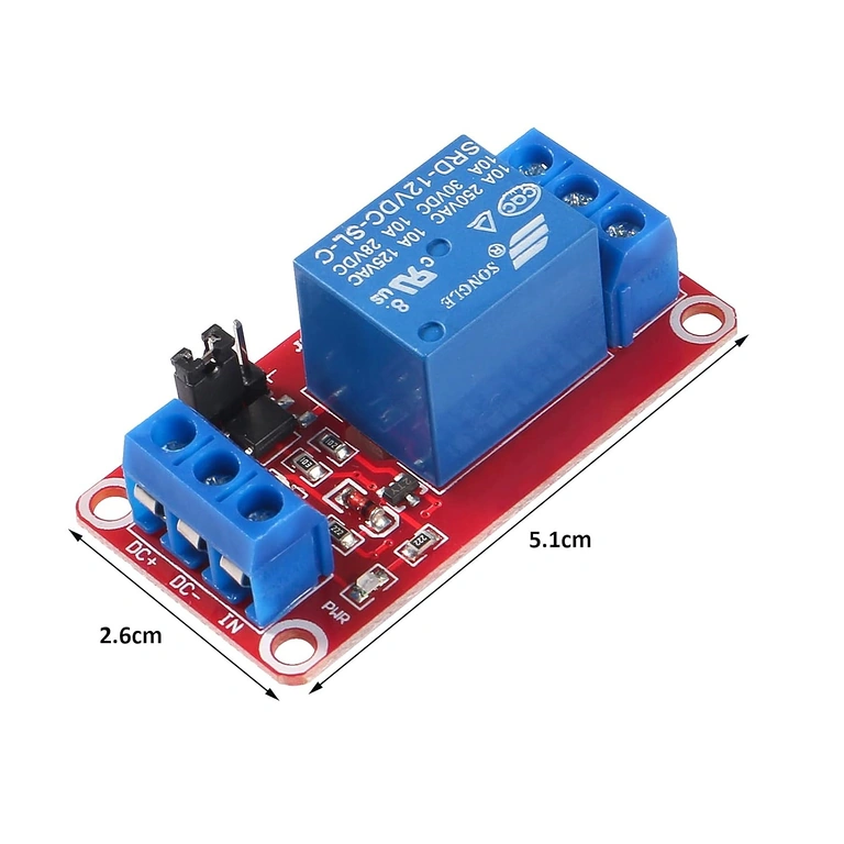 Diagram med dimensioner for 1-kanals relæmodul til 5V og 12V