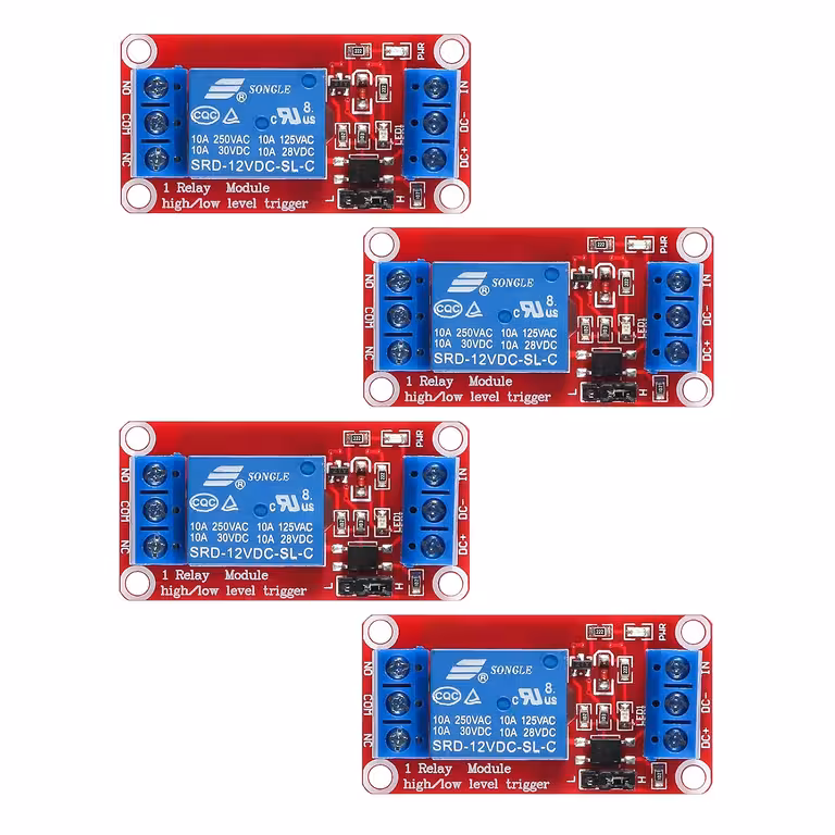 Sæt med 4 stk.: 5V / 12V styringsrelæ med optokopler – 1-kanals modul, NC/NO, High/Low trigger, 10A