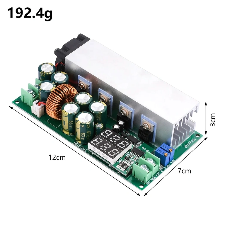 Detalje af digitalt display på DC12–80V 20A Buck-modul