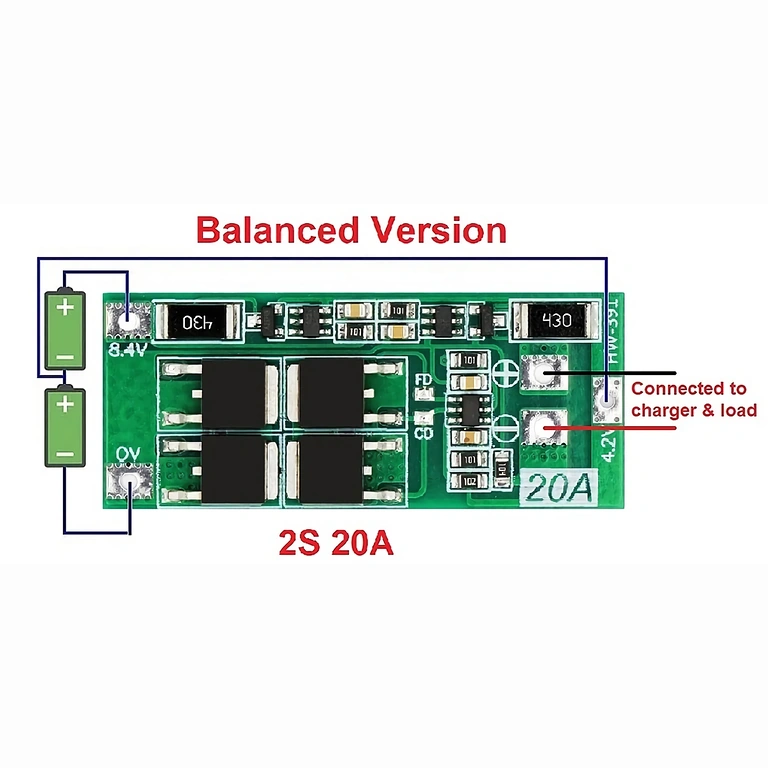 Detaljeret tilslutningsskema for BMS 2S 20A 7,4V-modul med balancering, der viser forbindelser til batterier og udgange
