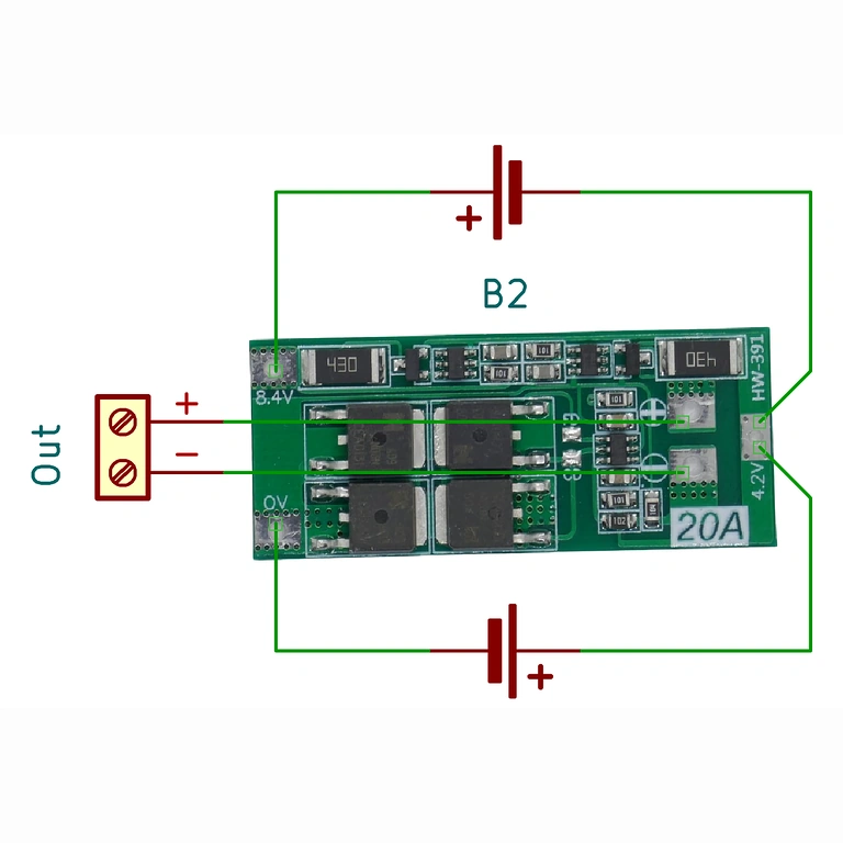 Elektrisk diagram for BMS 2S 20A-modul med balancering, nyttigt til korrekt installation i Li-ion-batteripakker