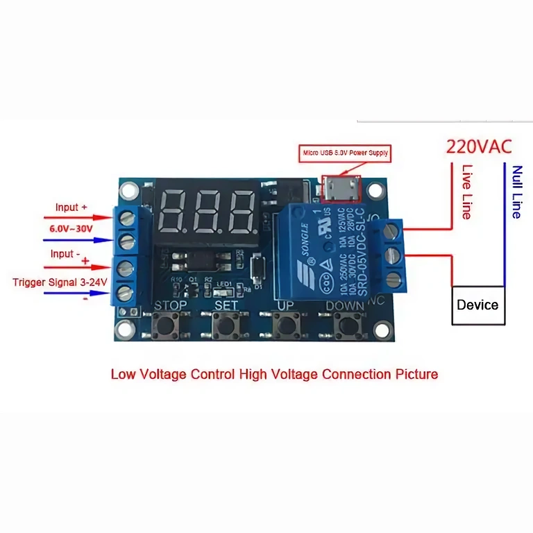 Visuelle tilslutningsinstruktioner for 6–30V relæmodul med justerbar timer