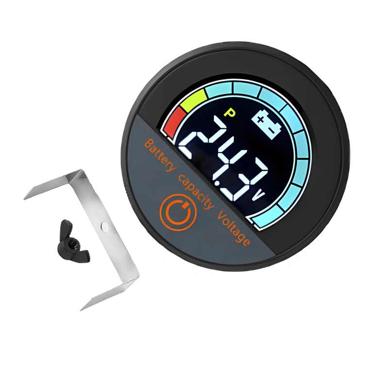 Frontvisning af digitalt modul med batteriprocent- og voltmeterdisplay, Li-ion og LiFePO4, 12V–72V, til elcykel, løbehjul og elscooter