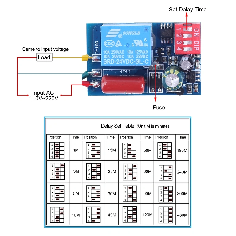 Tidsrelæmodul – DIP-switch-positioner for ønsket tidsinterval