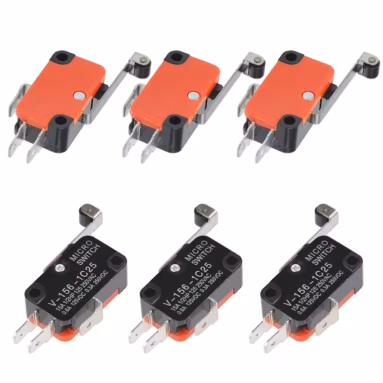 Sæt med 6 stk. – Endestop limit switch med rulle og lang arm – industriel mikroswitch 15A til AC/DC