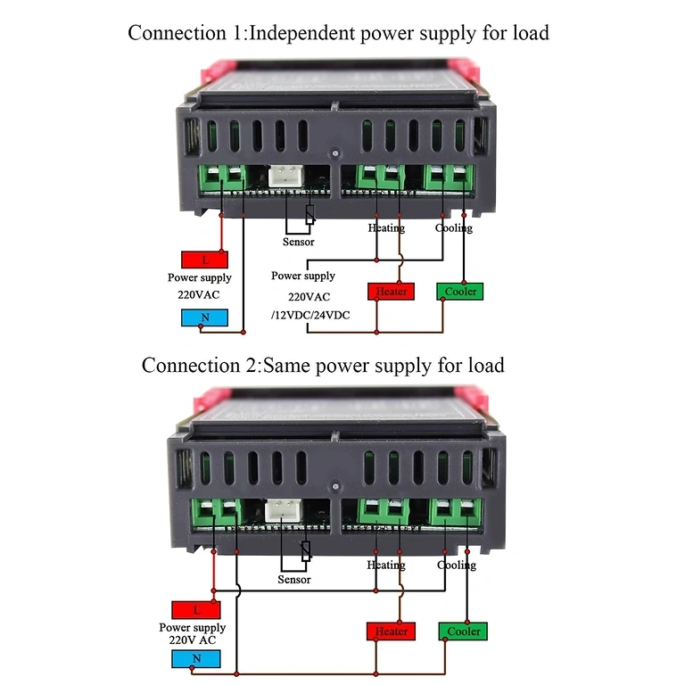 Nærbillede af komponenter på DC-DC Step-Down 600W 25A: potentiometre, LED og udgangsterminaler
