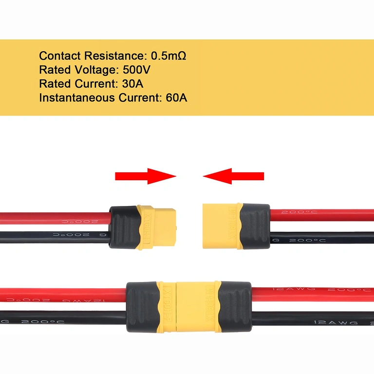 XT60-par med kabel – detalje Detaljeret tilslutningsdiagram for BMS 2S 20A 7,4V med balancering, der viser forbindelser til batterier og udgange
