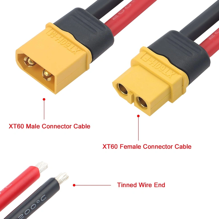 XT60 hun+han par med 12AWG kabel – topvisning Detaljeret nærbillede af BMS 2S 20A-modul med tydeligt synlige elektroniske komponenter