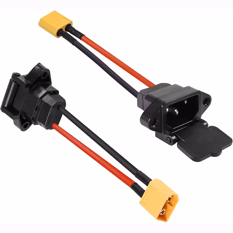 Sort kabel med RDB IEC-stik og fladt han XT60-stik